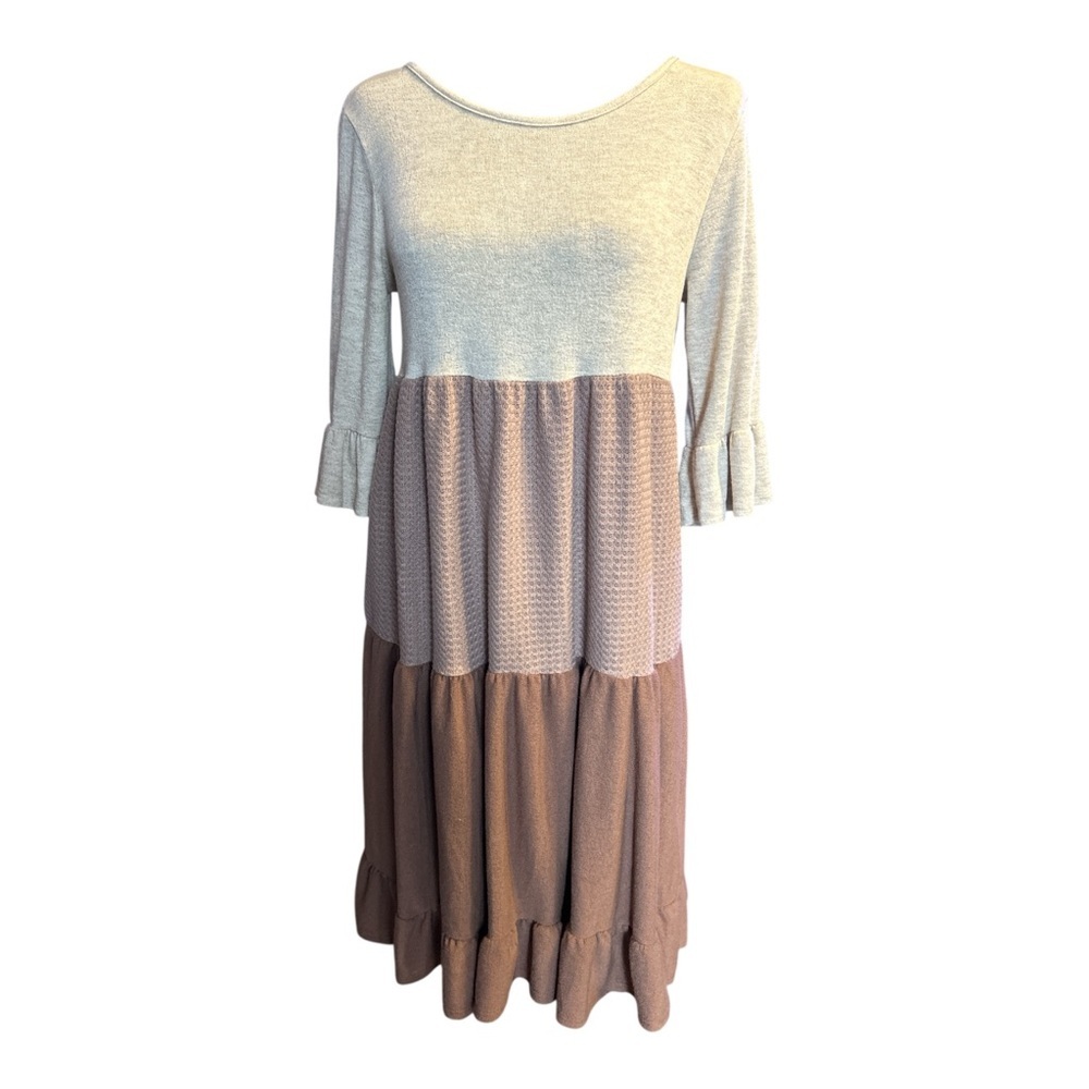 Hailey & Co Women Waffle Knit Color Block Brown Ruffled Dress Size Small